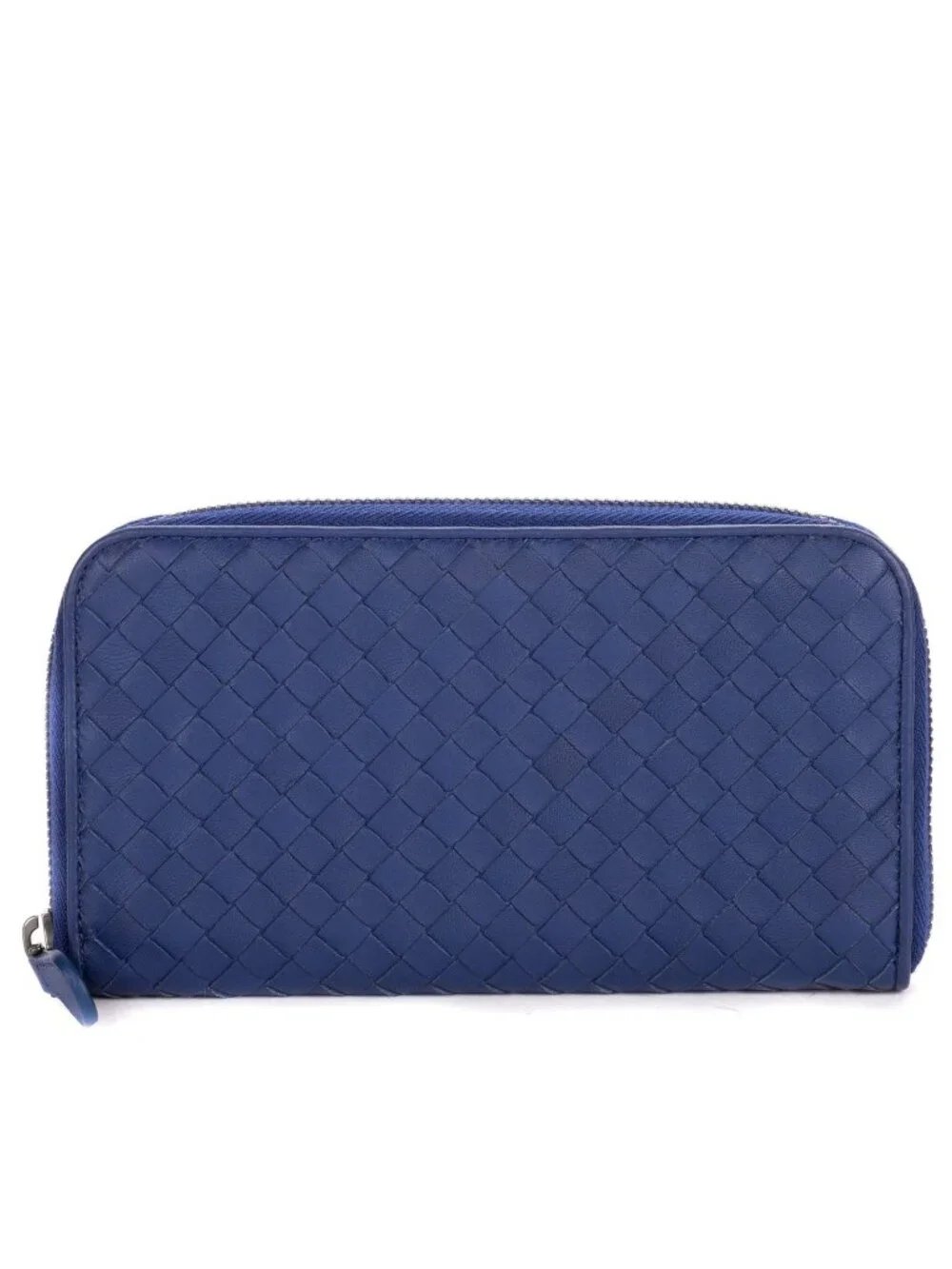 Bottega Veneta Zip Around Wallet Navy Intrecciato Calfskin Leathera